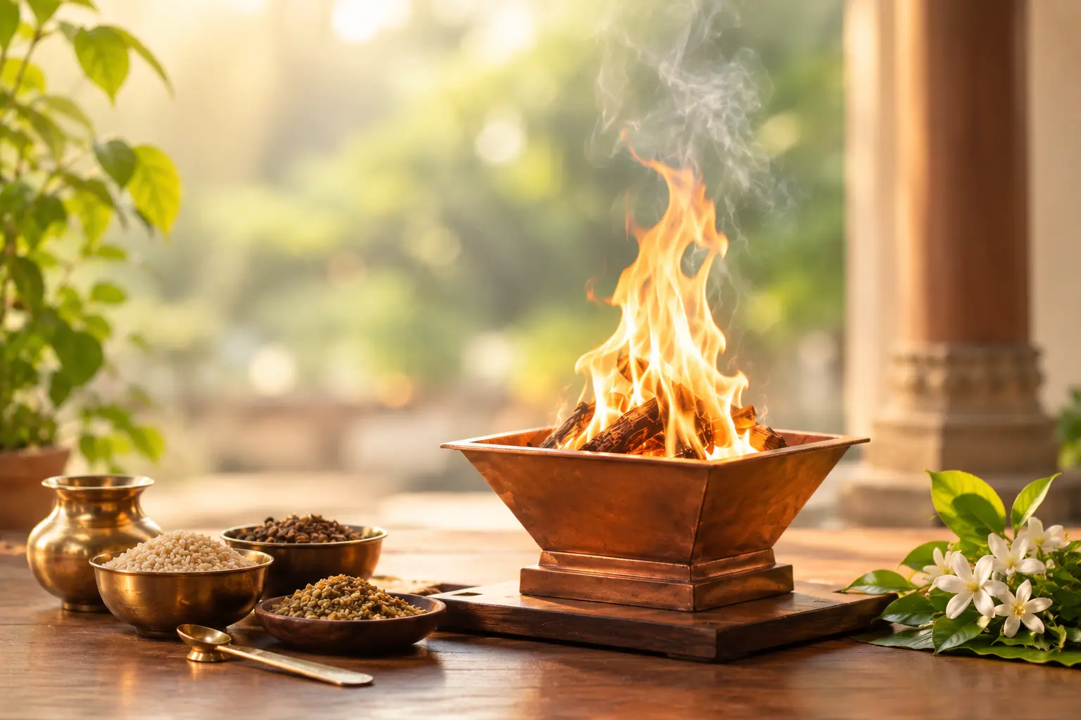 Traditional Agnihotra fire with rice, ghee and other offerings